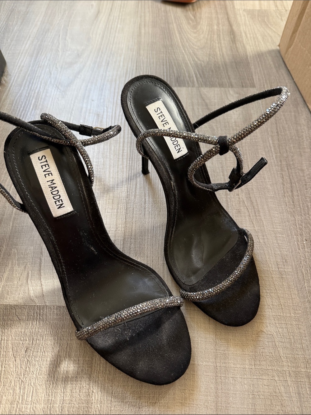 Steve Madden Black Strappy Crystal-Embellished Stiletto Sandals
